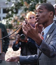 youth activist and motivational speaker Elijah Coles-Brown, 15, addresses participants at the rally.