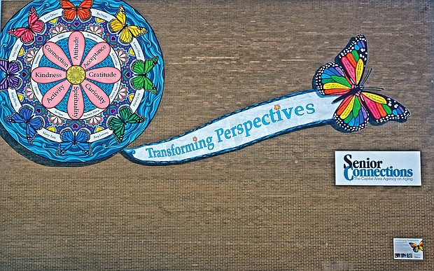 A mural created by artist Colleen Phelon Hall for the nonprofit Senior Connections tells its story of “empowering older adults and persons with disabilities to live with dignity and choice.” The mural dominates one side of the Downtown headquarters of the agency at 24 E. Cary St. Senior Connections, the Capital Area Agency on Aging, was born 46 years ago as an outgrowth of the 1973 federal Older Americans Act. Largely supported with federal, state and local funding, the agency serves as an advocacy, resource and service center to enable seniors and the disabled to live as independently as possible. The agency also serves to support the caretakers of senior citizens. Part of a national network, Senior Connections serves residents in the city and seven surrounding counties — Henrico, Hanover, Chesterfield, Charles City, New Kent, Goochland and Powhatan.
