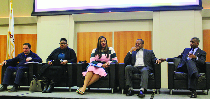 (from left) Ald. Raymond Lopez (15th), Ald. Jeanette Taylor (20th), Ald. Stephanie Coleman (16th), Ald. Roderick Sawyer (6th), and Ald. David Moore (17th) all represent the Englewood community on the South Side and all participated in their first-ever town hall meeting together on Jan. 14, 2020 at Kennedy-King College. Photo credit: By Wendell Hutson