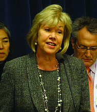 Sen. Julie Morrison, a Democrat from Deerfield, speaks on Feb. 5 during a news event in Springfield about raising the minimum age to purchase tobacco products in Illinois to 21. The legislation passed later in the session. Capitol News Illinois photo by Peter Hancock