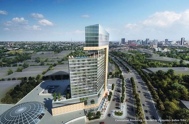 A rendering shows the $350 million, 275-room resort hotel and casino proposed by the Pamunkey Tribe on property at Ingram Avenue and Commerce Road in South Side.