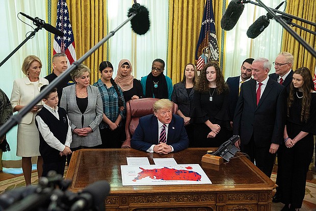 President Trump speaks last week during an event on prayer in public schools in the Oval Office of the White House.