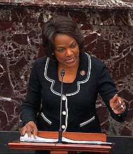 In this image from video, Rep. Val Demings of Florida, a House impeachment manager, speaks Tuesday in support of a rules amendment during the impeachment trial of President Trump held in the U.S. Senate. Still cameras are not allowed in the trial.