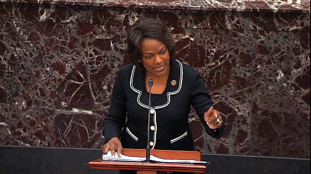 In this image from video, Rep. Val Demings of Florida, a House impeachment manager, speaks Tuesday in support of a rules amendment during the impeachment trial of President Trump held in the U.S. Senate. Still cameras are not allowed in the trial.