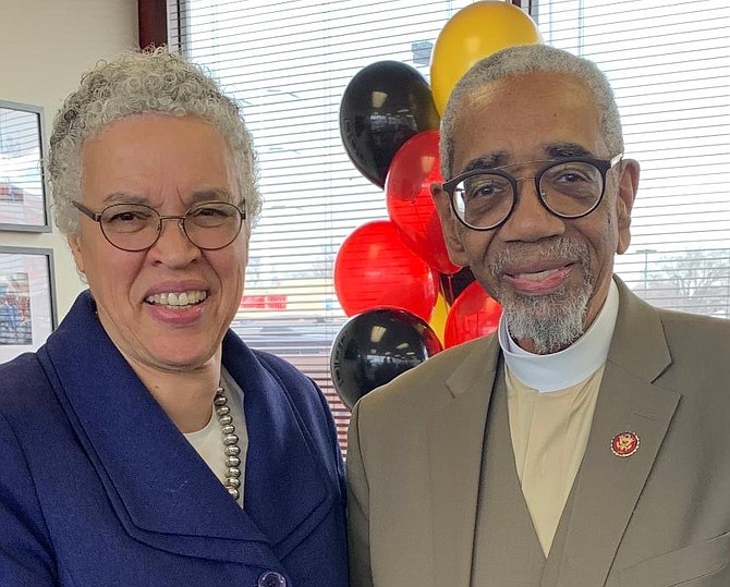 Cook County Board President Toni Preckwinkle congratulates US Congressman Bobby L. Rush on the opening of his re-election headquarters during Grand Opening celebration.