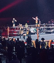 The Undisputed Era (Left to right) of Roderick Strong, Adam Cole, Bobby Fish, and Kyle O’Reilly complete their ring entrance.
