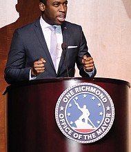 Mayor Levar M. Stoney offers ringing defense of his Coliseum replacement and Downtown redevelopment plan during his State of the City address Tuesday. Location: Virginia Museum of History & Culture on Arthur Ashe boulevard.