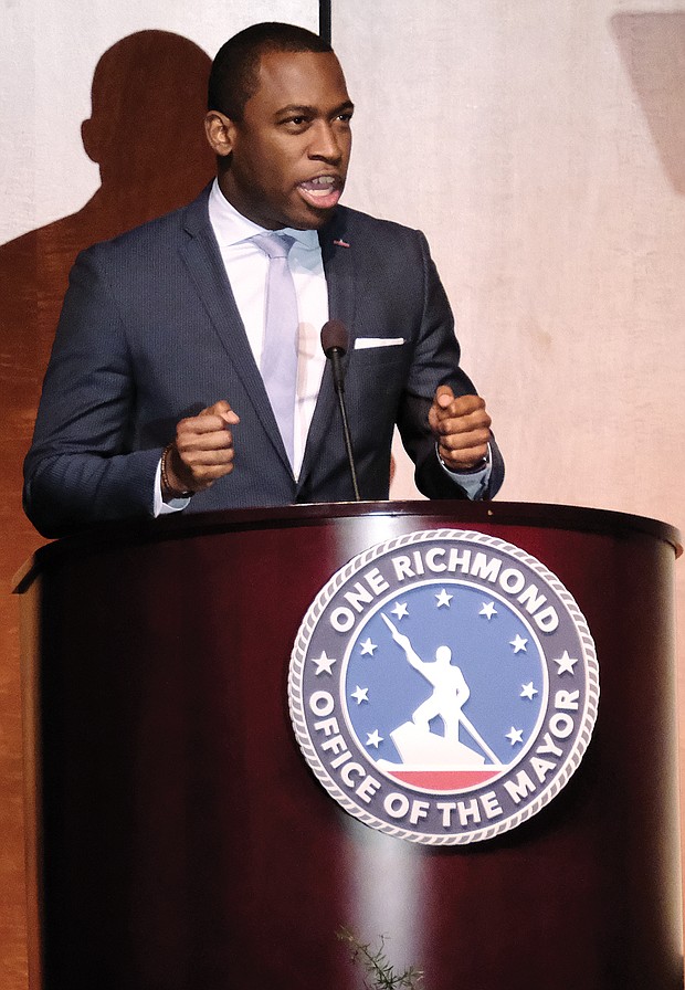 Mayor Levar M. Stoney offers ringing defense of his Coliseum replacement and Downtown redevelopment plan during his State of the City address Tuesday. Location: Virginia Museum of History & Culture on Arthur Ashe boulevard.