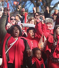 Kenneth Henderson II, 4, left, and Zachary Watters, 3, lend their voices to a rally for more state funding for teachers and public education on Monday at the bell Tower at Capitol Square in Downtown. The youngsters were attending the “Fund Our Future” rally with their mothers, Anasa Johnson and Ashleigh Watters, who are teachers with Richmond Public Schools and Petersburg Public Schools, respectively.