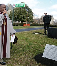 Dr. W. Franklyn Richardson, chairman of the Virginia Union University Board of Trustees, dedicates a marker last Friday on the campus commemorating Mary Lumpkin, an enslaved woman and common-law wife of slave trader Robert Lumpkin, who gave VUU its first home following the Civil War.