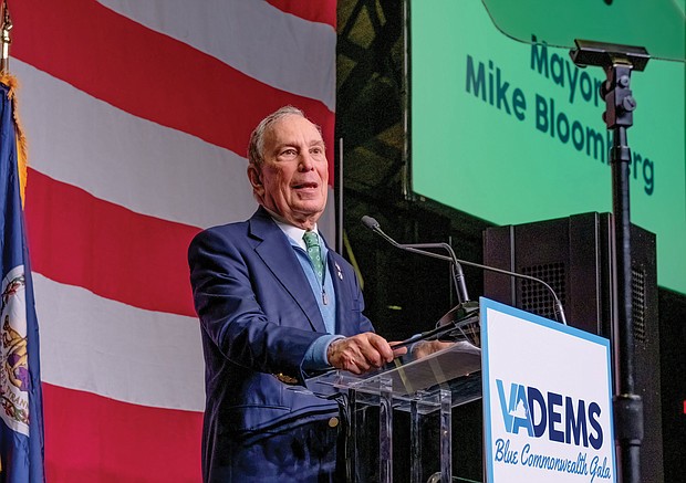 Democratic presidential candidate Michael Bloomberg, who apologized for the controversial police stop-and-frisk policy during his tenure as New York’s mayor, addresses Virginia Democrats during the Blue Commonwealth Gala last Saturday in Richmond.