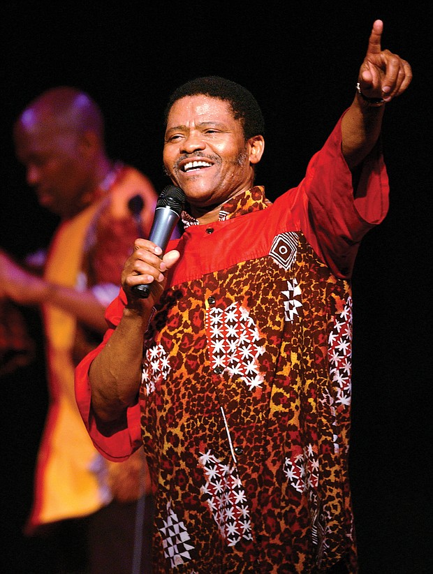 Leader and founder Joseph Shabalala performs with his South African singing group Ladysmith Black Mambazo on April 10, 2005, at Town Hall in New York.