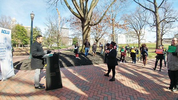 Delegate Ibraheem S. Samirah of Fairfax County addresses a rally last Saturday calling for racial equity in decriminalizing marijuana use in Virginia. Location: Bell Tower in Capitol Square in Downtown.