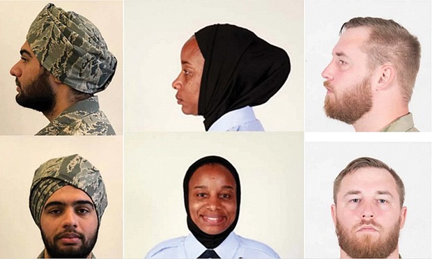 Examples of waiver-approved religious apparel styles for turbans, from left, hijabs and beards in the U.S. Air Force.