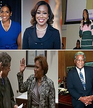 Kari Steele photo is Courtesy of the MWRD, Ald. Stephanie Coleman  Photo credit: Wendell Hutson, Juliana Stratton Photo credit: Courtesy of the Office of the Lieutenant Governor(from left) Cook County Chief Judge Timothy Evans is shown administering the oath of office to Cook County Clerk, Karen Yarbrough. Photo credit: Courtesy of the Cook County Clerk Office and Elected in 1983 and serving until his death on November 25, 1987, the late Harold Washington (pictured) was the first black mayor of Chicago. Photo credit: Courtesy of the Chicago Public Library_