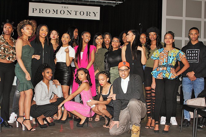 Styling and profiling were Stanley Coleman Jr. (kneeling wearing an orange hat) and high school students at the 3rd Annual Black History Month College Scholarship Drive Runway Gala on Feb. 21, 2020 at The Promontory in Hyde Park. Photo credit: Wendell Hutson