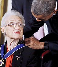 President Obama awards Katherine G. Johnson, then 97, the Presidential Medal of Freedom, the nation’s highest civilian honor, during a ceremony Nov. 24, 2015, in the East Room of the White House.