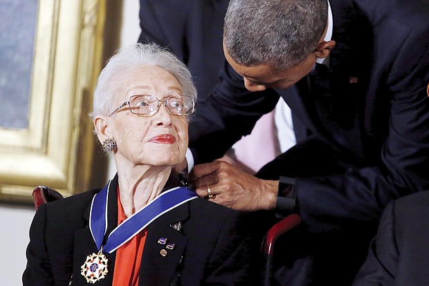 President Obama awards Katherine G. Johnson, then 97, the Presidential Medal of Freedom, the nation’s highest civilian honor, during a ceremony Nov. 24, 2015, in the East Room of the White House.