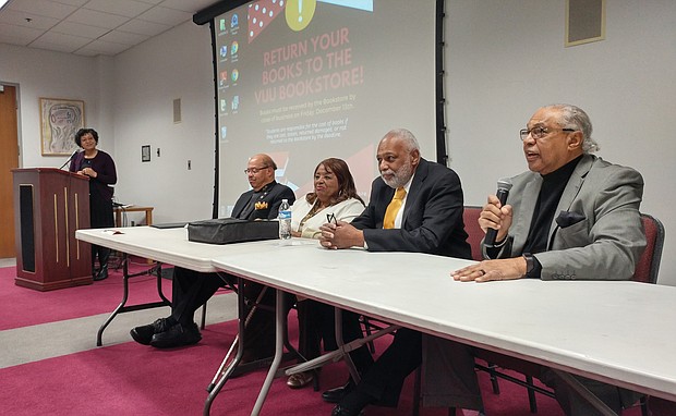 Members of the Richmond 34, from left, Raymond B. Randolph Jr., Elizabeth Johnson Rice, Wendell T. Foster and Dr. Leroy M. Bray Jr., talk about their protest 60 years ago to desegregate the lunch counter and restaurant at the former Thalhimers department store in Downtown. The panel discussion, moderated by Dr. Kimberly Matthews, left, was held last Friday at Virginia Union University.