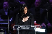 Vanessa Bryant offers emotion- filled remarks about the life of her late husband, Kobe Bryant, and their 13-year-old daughter, Gianna, during Monday’s memorial service in Los Angeles. Below, tears run down the face of former NBA star Michael Jordan as he speaks about his longtime friend and Los Angeles Lakers competitor during the “Celebration of Life” at the Staples Center.