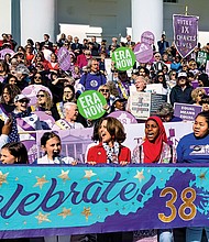 Last Sunday hundreds of women and their supporters, including First Lady Pam Northam, center, celebrate Virginia being the 38th state to ratify the Equal Rights Amendment. The event, Celebrate! 38, included a rally, speakers and a march from Monroe Park to the State Capitol on March 8, International Women’s Day. Thanks to a Democratic majority in the General Assembly for the first time in more than two decades, the ERA was approved in January. Thirty-eight states are needed to ratify any amendment to the U.S. Constitution. But the ERA’s future is uncertain, in part, because the 1982 deadline for ratification enacted by Congress was not met. Attorneys general from Virginia and other states have filed a lawsuit arguing that the deadline was not binding and seek to force federal officials to adopt the measure that would guarantee women equal rights under the law. Speakers at last Sunday’s rally included Kate Kelly, a human rights attorney at Equality Now; Kamala Lopez, founder and co-director of Equal Means Equal; Liza Mickens, the great-great-granddaughter of the renowned banker and women’s empowerment advocate Maggie L. Walker; and Andrea Miller, executive director of the Poor People’s Campaign of Virginia.