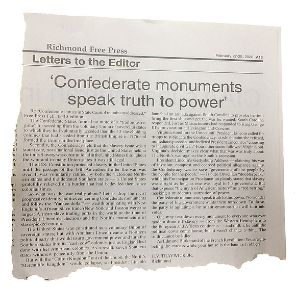 Re Letter to the Editor “Confederate monuments speak truth to power,” Free Press Feb. 27-29 edition: