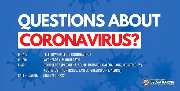 This evening, I will join Congresswoman Sylvia Garcia's tele-townhall to provide information on COVID-19. The call will include local experts … This evening, I will join Congresswoman Sylvia Garcia's tele-townhall to provide information on COVID-19. The call will include local experts …