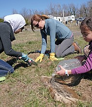 Tessneem Khalil, 7, right, helps uncover gravestones in the 104-year-old Woodland Cemetery in Henrico County. She is working with her mother, left, Rania Fetouh, and Kathleen Harrell, her teacher at Shady Grove Elementary School in Henrico County. Ms. Harrell has volunteered consistently on Sunday afternoons with Dr. John W.J. “Bill” Slavin to improve the neglected burial ground best known as the last resting place of Arthur Ashe Jr., the Richmond native who earned international renown in tennis and as a humanitarian.