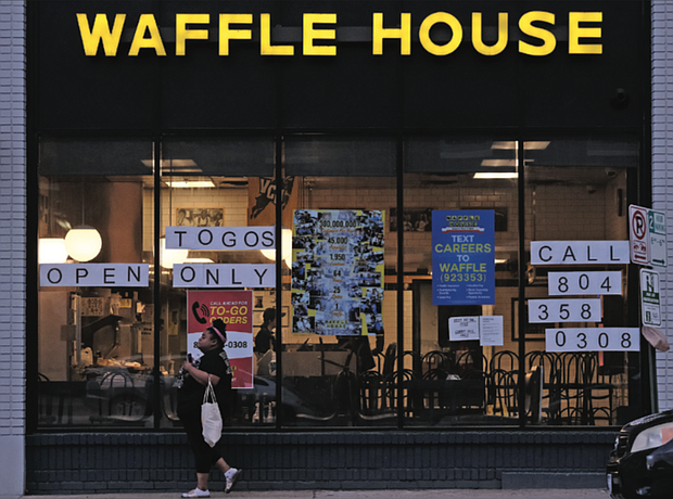 The Waffle House at 1309 W. Broad St. advertises it’s only offering carry-out service in obedience of Gov. Ralph S. Northam’s executive order this week allowing restaurants to offer only take-out, curbside or delivery service.