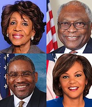 Pictured, top row, left to right: CBC Chair Karen Bass (D-CA), Rep. Maxine Waters (D-CA), Rep Jim Clyburn (D-SC), Rep. Barbara Lee (D-CA), Rep. Joyce Beatty (D-OH), , Rep. Gregory Meeks (D-NY), Rep. Robin Kelly (D-IL), and Rep. Dwight Evans (D-PA).