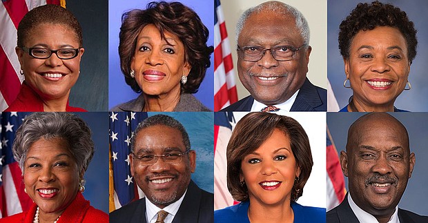 Pictured, top row, left to right: CBC Chair Karen Bass (D-CA), Rep. Maxine Waters (D-CA), Rep Jim Clyburn (D-SC), Rep. Barbara Lee (D-CA), Rep. Joyce Beatty (D-OH), , Rep. Gregory Meeks (D-NY), Rep. Robin Kelly (D-IL), and Rep. Dwight Evans (D-PA).