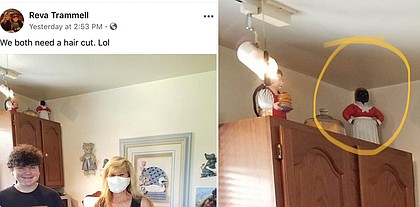 A “Mammy Jar” sits atop a kitchen cabinet in a photo City Councilwoman Reva M. Trammell posted of herself and a friend on her Facebook page. The ceramic figure was circled in the photo by someone who saw the post on social media.