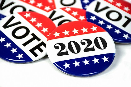 Closeup of voting pins for 2020 elections.