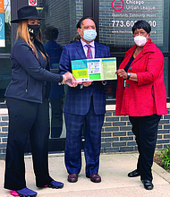 Stephanie Coleman, 16th Ward Alderman, with Dr. Tariq Butt, physician at Access Community Health Network, and Donna Thompson, CEO of Access Community Health Network, in front of the Access COVID-19 Testing Facility in Englewood. Photo courtesy of Stephanie Coleman