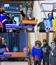 PUSHTech 2020 Director and Rainbow PUSH Coalition leader Pastor Joseph Bryant, with Mayor London Breed and Jamie Foxx at the Kneel-in Protest, San Francisco