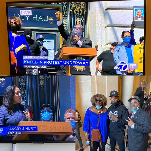 PUSHTech 2020 Director and Rainbow PUSH Coalition leader Pastor Joseph Bryant, with Mayor London Breed and Jamie Foxx at the Kneel-in Protest, San Francisco