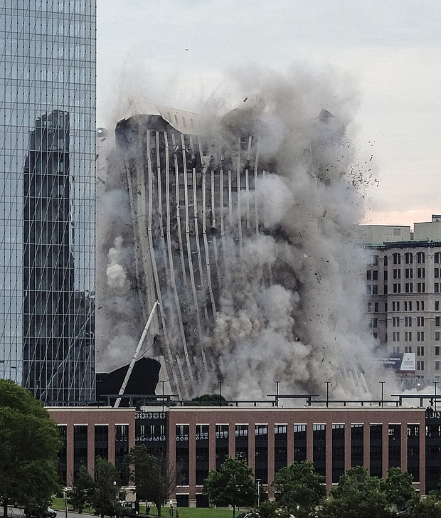 It took months of preparation but only 16 seconds for the former headquarters of Dominion Energy at One James River Plaza in Down- town to be turned into rubble at 7 a.m. last Saturday to make way for a possible new office tower. The 21-story building at 701 E. Cary St. was imploded, a method that allows the floors to collapse onto themselves.