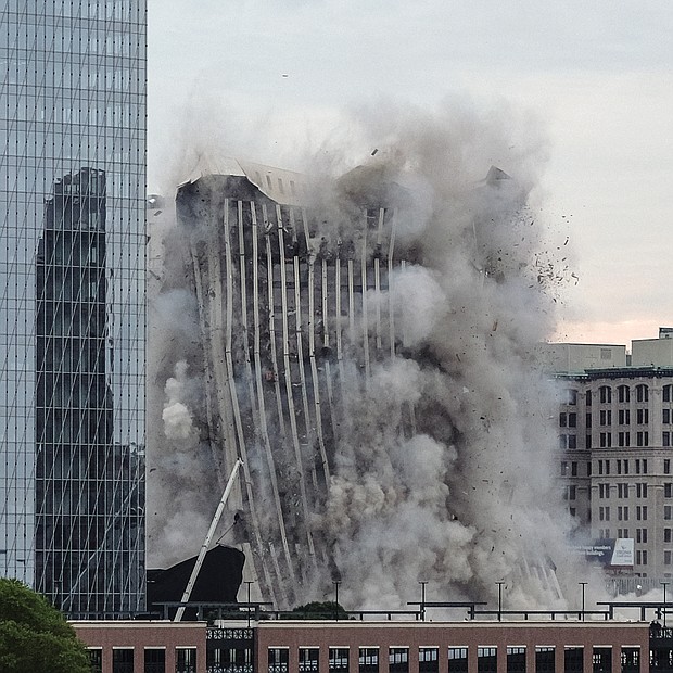 It took months of preparation but only 16 seconds for the former headquarters of Dominion Energy at One James River Plaza in Down- town to be turned into rubble at 7 a.m. last Saturday to make way for a possible new office tower. The 21-story building at 701 E. Cary St. was imploded, a method that allows the floors to collapse onto themselves.