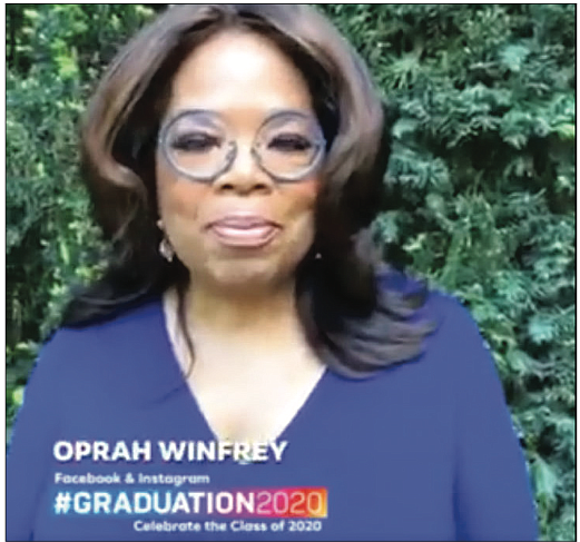 Oprah Winfrey is shown in a screen shot from her recent virtual 2020 commencement address to college graduates.