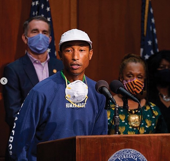 Virginia Beach native Pharrell Willams notes that black lives "are finally being acknowledged" in part by the Juneteenth state holiday announced Tuesday.