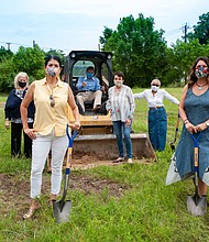 New Hope Housing Avenue J Groundbreaking, East End neighborhood stakeholders. From left: Bolivar “Bo” M. Fraga, BakerRipley Community Engagement Developer and Super Neighborhood 63-Second Ward Member; Melissa Noriega, Former Council Member, At-Large Position 3, City of Houston; Senator Carol Alvarado, Texas State Senate District 6; Michael M. “Mack” Fowler, New Hope Housing Chairman Emeritus; Joy Horak-Brown, New Hope Housing President and CEO; Jessica Hulsey, Super Neighborhood Alliance - Second Ward Representative; Frances Castaneda Dyess, East End Chamber of Commerce President; and Sheriff Ed Gonzalez, Harris County.