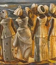 John Biggers, The Stream Crosses the Path, 1961, oil and tempera on panel, the Museum of Fine Arts, Houston, gift of Mr. and Mrs. Arthur J. Mandell. © 2020 John T. Biggers Estate / Licensed by VAGA at Artists Rights Society (ARS), NY, Estate Represented by Michael Rosenfeld Gallery