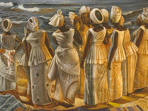 John Biggers, The Stream Crosses the Path, 1961, oil and tempera on panel, the Museum of Fine Arts, Houston, gift of Mr. and Mrs. Arthur J. Mandell. © 2020 John T. Biggers Estate / Licensed by VAGA at Artists Rights Society (ARS), NY, Estate Represented by Michael Rosenfeld Gallery