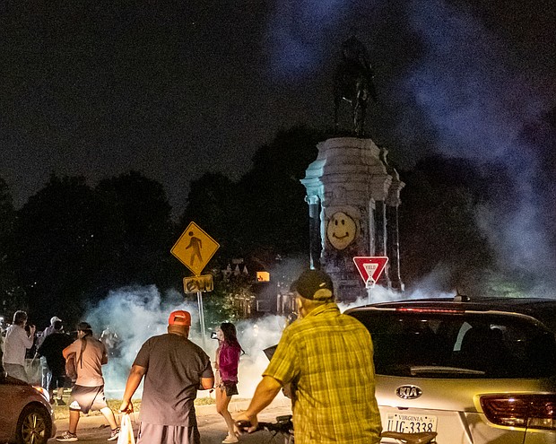 After declaring an unlawful assembly last Friday, State Police release tear gas on the crowd of peaceful protesters and bystanders at the Lee statue. The state began shutting down the area around the statue from sunset to sunrise under an order last week from Gov. Ralph S. Northam.