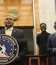 “I’m listening,” new Richmond Police Chief Gerald M. Smith says at a City Hall press conference Saturday after Mayor Levar M. Stoney, right, introduced him. “My office, my phone line, my email is open to you, so let’s have a conversation.” The city’s 20th chief began work Wednesday.