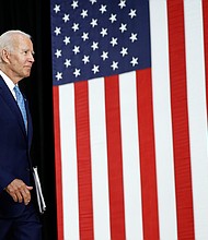 Democratic presidential candidate, former Vice President Joe Biden departs after speaking at Alexis Dupont High School in Wilmington, Del., Tuesday, June 30, 2020./Credit:	Patrick Semansky/AP