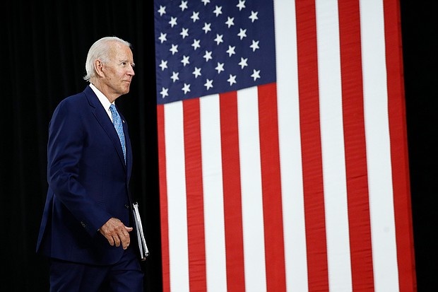 Democratic presidential candidate, former Vice President Joe Biden departs after speaking at Alexis Dupont High School in Wilmington, Del., Tuesday, June 30, 2020./Credit:	Patrick Semansky/AP