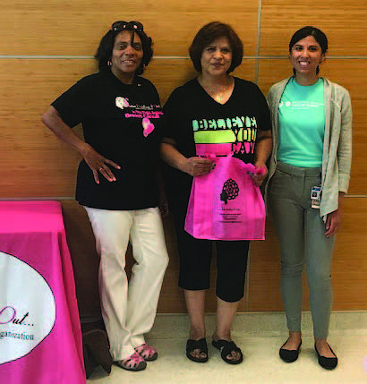 (from left) Beulah Brent, CEO of the nonprofit Sisters Working It Out, were joined by a University of Illinois Hospital patient (in the middle) along with Carmen Macias, a clinical research coordinator at the University of Illinois Hospital, which hosted a health fair with Brent. Photo credit: Courtesy of Sisters Working It Out