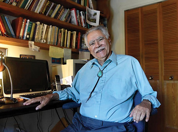 Author Rudolfo Anaya poses for a photograph in his New Mexico home writing studio in June 2016. Mr. Anaya, who helped launch the 1970s Chicano literature movement with his novel, “Bless Me, Ultima,” died Sunday, June 28, 2020, after a long illness.