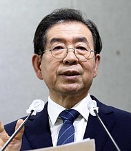 Seoul mayor Park Won-soon at a press conference on Wednesday, July 8./Credit:	Cheon Jin-hwan/Newsis/AP